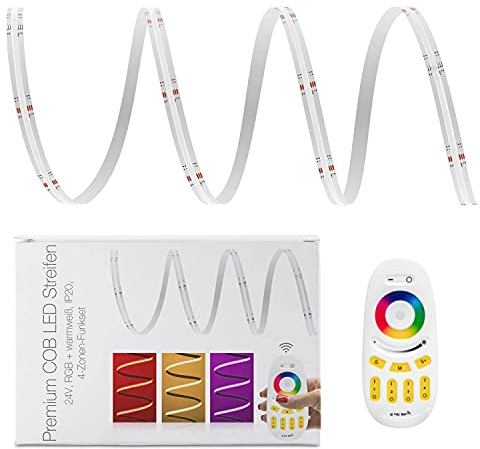 LED Universum COB LED Streifen 4 Zonen Set RGB-W mit Funkfernbedienung, Controller & Netzteil Band Strip Premium Filament 24V LED Streifen IP20 RGB-WW bunt (7 Meter)
