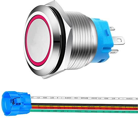 Gebildet 22mm Acero Inoxidable Pulsador Momentáneo 12V-24V 5A LED 1NO1NC SPDT Encendido/Apagado Impermeable con Enchufe de Cable (LED Rojo)