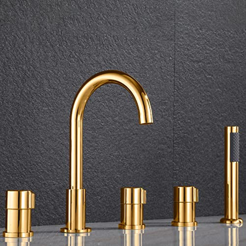 Badewanne Wannenrandarmatur 5 Loch Set Wannenarmatur mit Herausziehbarem Handbrause Bad Dusche Badezimmer Armatur Badewannenarmatur Gold
