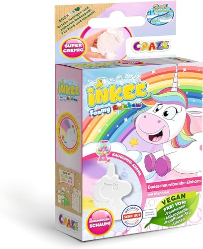 INKEE FOAMY UNICORN | Schaumige Badebombe Kinder in Einhorn Form, Badekugel 60g Rosa, Gelb & Lila, Kaugummi Duft, mit Mandelöl