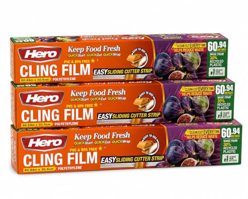 Hero Clingfilm 60m x 30cm with Easy Sliding Cutter PVC & BPA Free Catering Cling Film Dispenser, Strong Food Wrap Made with Recycled Plastic, Kitchen Cling Film for Home & Catering Use - 3 Rolls