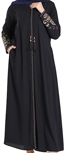 istanbul styles Abaya mit bestickten Ärmeln für Damen, langärmelig, bodenlang, türkisch-islamische Mode (DE/NL/SE/PL, Alphanumerisch, XL, Regular, Regular, Navy blau)