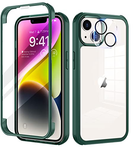 seacosmo for iPhone 14 Case 6.1 Inch, Full-Body Shockproof Case with Built-in Glass Screen Protector and Camera Lens Protector Rubber Bumper Phone Case Cover for iPhone 14 2022- Green/Clear
