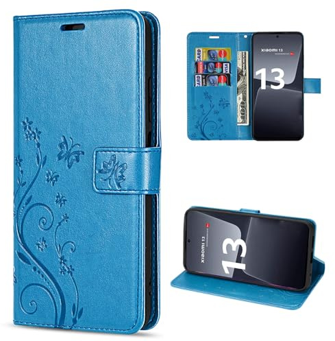 betterfon Hülle Kompatibel mit Xiaomi 13 | Premium PU Leder Handyhülle Wallet Case für 13 | Schutzhülle Blumen Klapphülle Handyhülle | Blau