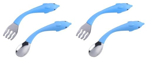 Kisangel Juego de 2 tenedores y cucharas de acero inoxidable para bebé, fácil agarre, cubiertos para niños pequeños, utensilios de comedor para bebés