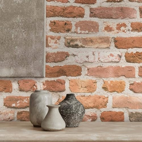 K&L Wall Art Steintapete Vliestapete Vintage Loft Tapete rustikale Backstein Ziegelwand Wallpaper inkl. Tapezier-Ratgeber (Rot-Beige)