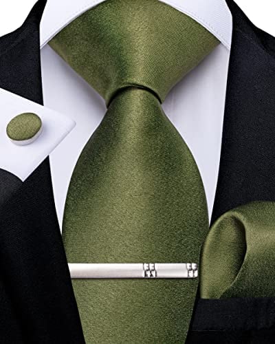 DiBanGu Herren Grün Krawatte für Hochzeit Formelle Seide Olivgrün Einfarbig Krawatte und Einstecktuch Krawattenklammer mit Geschenkbox-Set