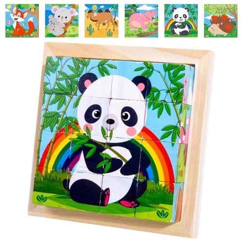 Cube d'image, en bois, puzzle 3D, 6 en 1, motifs d'animaux avec 16 dés, puzzle en bois, jouet Montessori pour enfants à partir de 1, 2, 3, 4 ans