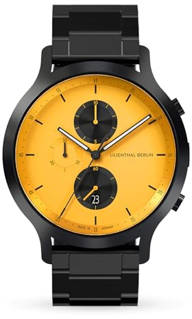 Lilienthal Berlin Chronograph Line 2 in schwarz/gelb – Herrenuhr am schwarzen Edelstahl Armband – aus Chirurgenstahl mit einem Quarzuhrwerk & saphirgehärtetem Mineralglas – 42,5 mm