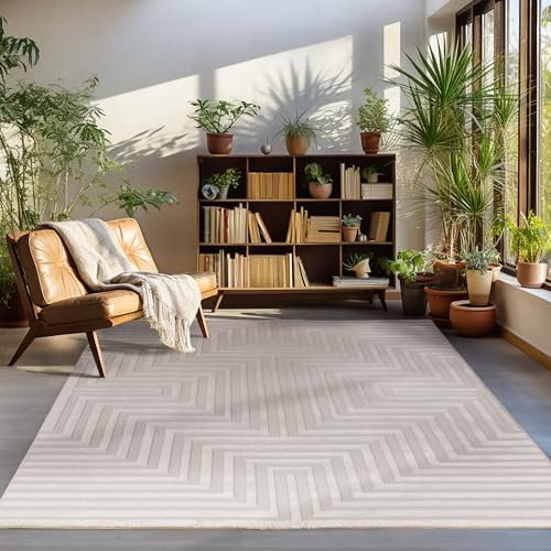 Carpettex Teppich Kurzflor Wohnzimmer Beige Skandinavisch Stil 3D Effekt 140 x 200 cm - Waschbarer Schlafzimmer Küchenteppich Geometrisches Muster Weich und Flauschig