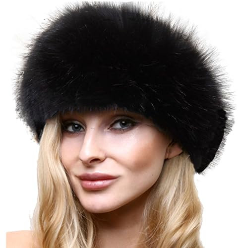 Damen Kunstfellmütze, russischer Kosaken-Stil, Wintermützen, Fuchs-Kunstfell, Schwarz, Einheitsgröße