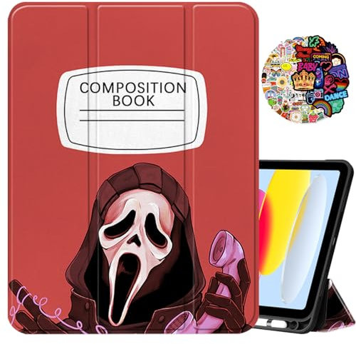 Cabreche Compatible with iPad 10th Generation 2022 iPad 10.9 Inch Case with Pencil Holder/Soft TPU Back Case Auto Sleep/Wake Cover for Girls Women Cute Notebook Composition Book-Skull Skeleton
