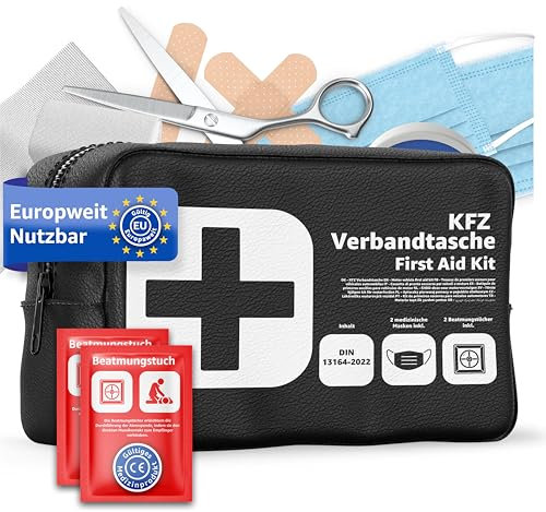 Verbandstasche Norm 2025 - KFZ mit Beatmungstücher - Verbandskasten Auto - DIN13164:2022 - Erste Hilfe Set - Verbandskasten StVO konform (Schwarz)