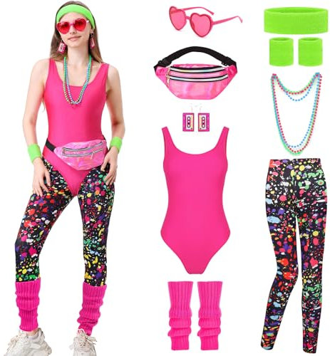 IUTOYYE Damen 80er 90er Jahre Outfit Set Retro Trainingsanzug Kostüm Tank top,Artistic Leggings,Beinwärmer,Stirnband,Armbänder,Brille,Halskette und Ohrring für Karneval Neon Party (Rose Rot, XL)