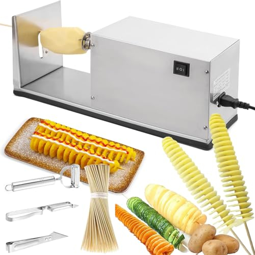 Affettatrice A Spirale Elettrica Per Patate | Affettatrice Automatica Per Patate Allungate | Macchina Elettrica Torre Per Patate In Acciaio Inossidabile -3 Pelapatate/100 Bastoncini Bambù,Silver