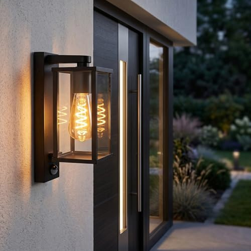 HOFSTEIN Außenwandleuchte Tourega, Außenwandlampe mit Bewegungsmelder aus Metall/Glas in Schwarz/Klar, Wandleuchte im Industrial/Retro/Vintage-Design, Lichteffekt, E27, IP44, Eingangsbereich, Haustür
