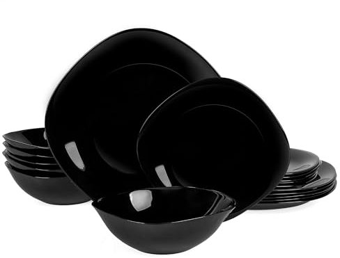 LaGlint 18 Teilig Set Tafelservice 6 Personen, Schwarz Geschirrset Opalglas Quadratisch, Beinhaltet Müslischalen, Dessertteller und Speiseteller