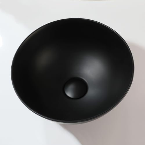 OUBONI Fregadero de baño redondo de resina de piedra de 13 pulgadas con drenaje emergente, fregadero de recipiente negro, fregadero pequeño sobre mostrador, lavabo artístico