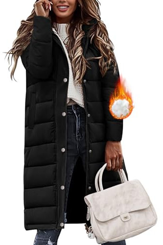 Tuopuda Larga Acolchado Abrigo para Mujer Chaqueta con Capucha Abrigo Largo Ligero y Resistente al Viento con Cremallera y Bolsillos(Negro,XL)