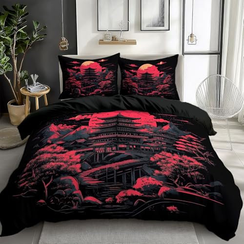Quixora Parure de lit 2 Personnes - Housse de Couette Motif Paysage de Temple Japonais Noir + 2 Taies d'oreiller 65x65cm, Polyester, 200 x 200 cm