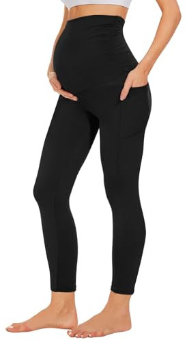 Leggings Thermiques de maternité avec Poches sur Le Ventre, Collants Doux pour Femme, Noir, pour entraînement, Yoga, Pantalon (FR/ES, Alpha/Lettres, S, Taille Normale, Taille Normale, Noir)
