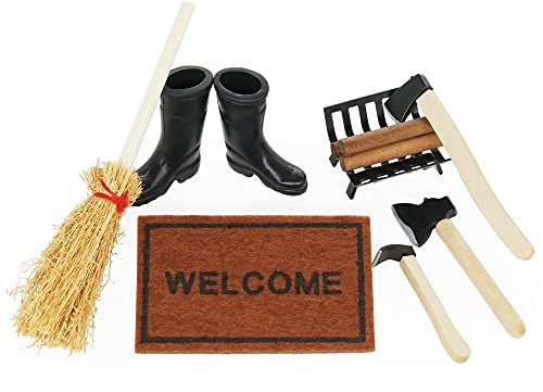 Odoria Miniatur Gartenwerkzeug Wichtel Zubehör: 1/12 Maßstab Puppenhaus Weihnachten Werkzeug Stiefel für Wichteltür Baustelle - Mini Schuhe Hexenbesen Holz Matte Deko Rustikal Bauernhof DIY