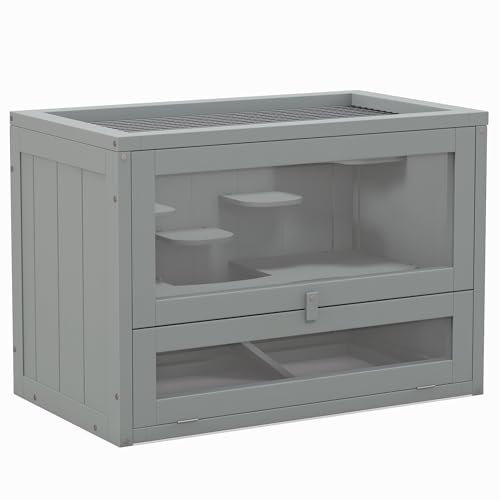PawHut Wooden Hamster Cage, Gerbil Cage with Ramp, Platforms, Mouse Mice Rodent Small Animals Hutch, Exercise Play House, 60 x 35 x 42cm, Grey