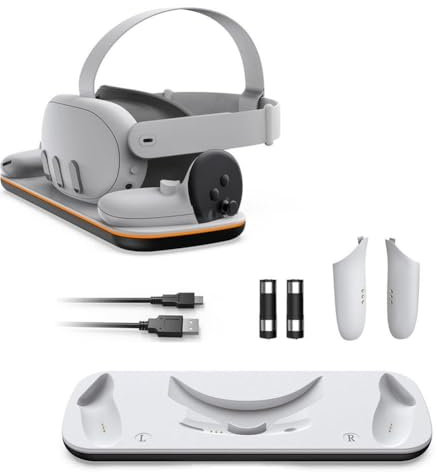 Ladestation für Meta Quest 3, 3,9 WSchnellladestation für Oculus Quest 3 Zubehör mit RGB-Licht, Magnetischer Ladeständer für Headset/Controller mit 2 wiederaufladbaren Batterien und Abdeckung