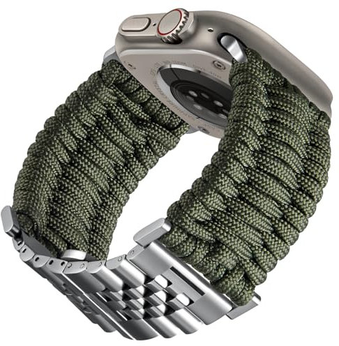 BINLUN Compatibile con Apple Watch Cinturino 49mm Cinturini Sportivo Intrecciato 550 Paracord Acciaio Compatibile con iWatch Ultra2 Ultra(Verde Militare Argento)