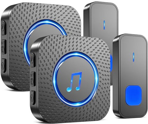 SURFOU Sonnette sans Fil, 400M Sonnette Longue Portée Exterieur Étanche Electronique, Kit de Carillon avec Récepteurs Enfichables pour la Maison, LED Bleu (2 noir récepteur + 2 noir émetteur)