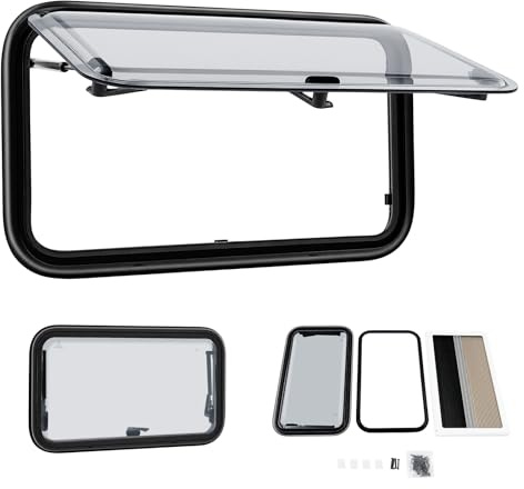 ROGONPDK Set di Finestre con Apertura a Libro 700x400mm, Finestra per Camper con Angolo di Apertura 85°, Finestra Esterna con Zanzariera e Tenda a Rullo per Veicolo, Finestra Laterale in Acrilico per