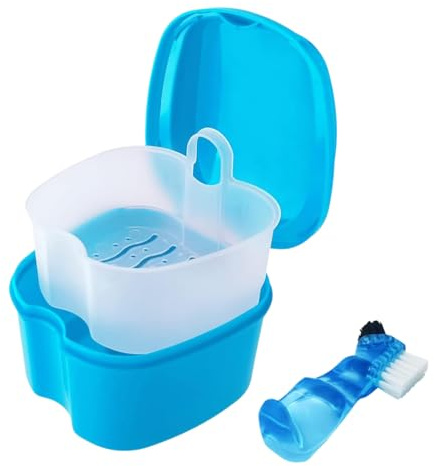 Zahnprothesendose Reinigungsset mit Prothesenbürste,Zahnprothesen Box Prothesenbehälter mit Hängender Sieb,Tragbar Gebissdose Zahnspangenbox Aufbewahrungsbox (Hellblau)