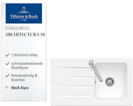 Villeroy & Boch Architectura 50 Küchenspüle, Spülbecken mit einem Hahnloch, Spüle inkl. Ablaufgarnitur mit Handbetätigung, Einbauspüle aus Keramik, 860 x 510 mm, Weiß Alpin CeramicPlus