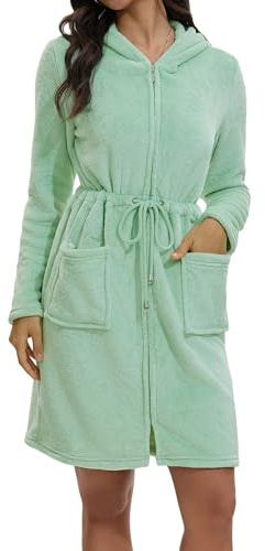 Mnamo Damen Fleece Bademantel mit Kapuze und Reißverschluss Ganzjährig | Reißverschluss für schnelles An- & Ausziehen. Ideal nach Baden,Schlafen & Zuhause. Geschenk. Weicher Fleece.