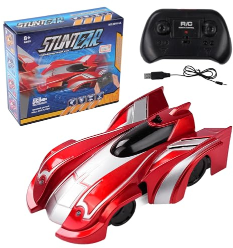 BuyWeek Ferngesteuertes Auto Wand Klettern, 360 Grad Drehung USB Wiederaufladbar Doppelmodus RC Stunt Auto Spielzeug mit LED Licht für Kinder Erwaschene (Rot)