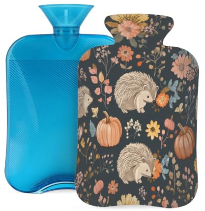 Wärmflasche aus Gummi mit weichem Bezug, niedliche Igel, Blumen, Kürbisse, 2 l, Wärmbeutel zur Schmerzlinderung, Wärme- und Kältetherapie