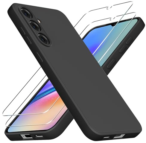 Vauki Coque pour Samsung Galaxy A05s, avec [2 Pièces] Protection d'écran en Verre Trempé, Housse Etui Silicone TPU Souple Liquide, Antichoc Anti-Rayures, Noir