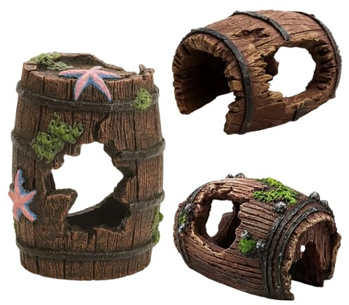 MmotZsb Aquarium Deko, 3 Teile Set Mit Höhle Und Fass, Ideal Für Aquarium Zubehör, 8 * 5 * 6 cm, Dekorative Elemente Für Aquarien