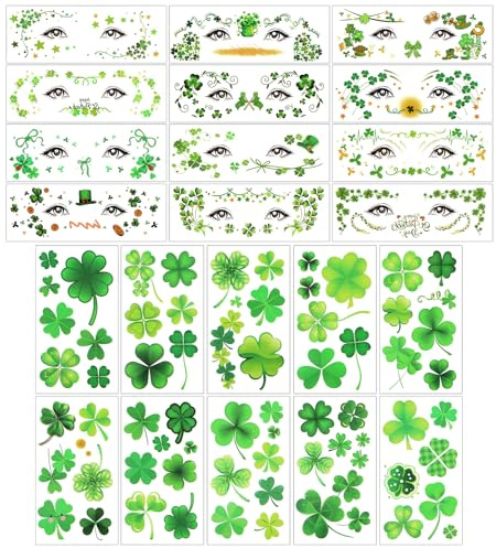 Qpout St. Patrick’s Day Kleeblatt Temporäre Tattoos Kleeblatt Gesichts- & Körper-Make-up Tattoo-Aufkleber für Irische Paraden, Partygeschenke, Gesichts- & Augen-Make-up Accessoires (2 Größen)