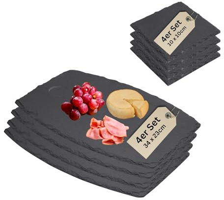 Schieferplatten Set 3 (4er 34x23cm und 4er 10x10cm) aus verschiedene eckige Servierplatten aus Schiefer für Käseplatte Tapasplatte Deko & HLKauf-Block