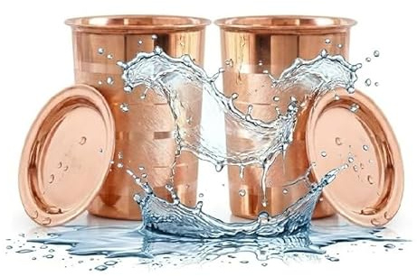 BRACOP® Kupferkaraffe, Trinkgläser, Karaffe mit Deckel, reines Kupfer-Wasserglas, Moscow-Mule-Becher für Zuhause, Büro, auslaufsichere Gläser mit Deckel, Servierbecher, geprägtes Glas-Trinkgeschirr