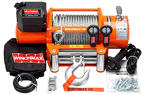 Winchmax 17.000 Libras (7.711 kg) Cabrestante eléctrico Original Naranja de 24v. 26 m de Cuerda de Acero 12 mm y Gancho de Horquilla de ½ Pulgada, Control Remoto inalámbrico Doble.