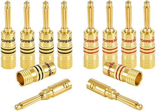 Poppstar 10x high end banana plugs, bananas for speaker cables (up to 4 mm²), speaker, AV receiver, 24k gold plated (5x black, 5x red)