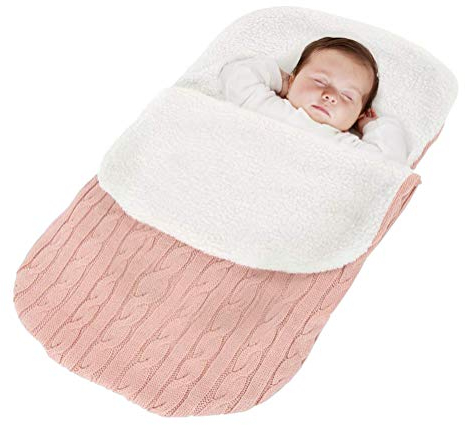 Minetom Kinderwagen Baby Schlafsack Stricken Winter Buggy Babyschale Winterfußsack Weich Warmes Plüsch Draussen Fußsack Babydecke Footmuff Rosa 38 * 68 cm