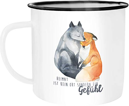 Moonworks Emaille Tasse Becher Heimat ist kein Ort sondern ein Gefühl Fuchs Liebe Spruch Geschenk Kaffeetasse weiß-schwarz unisize