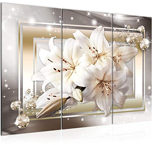 Runa Art Lis Fleurs Peinture Tableau Salon XXL Marron Beige Diamant 120 x 80 cm 3 Parties Decoration Murale 021731a