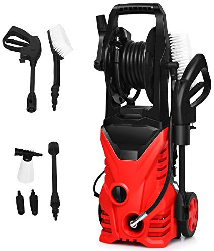 COSTWAY Nettoyeur Haute Pression 1500W 140Bar 300L/H avec avec 1 Buse Lotus et 1 Buse Haute Pression, Flexible 5 Mètres Roues et Poignée Centrale, Système de Connexion Rapide (Rouge)