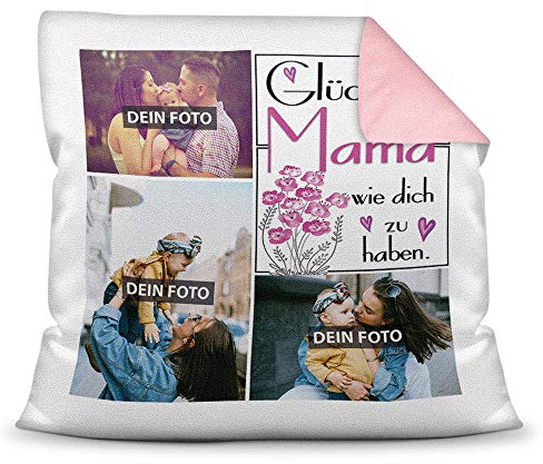 Print Royal Foto-Kissen inkl. Füllung zum Selbstgestalten - für Mama - mit eigener Collage und Spruch - Bestes Fotogeschenk/Geburtstagsgeschenk - Farbkissen Rückseite Rosa