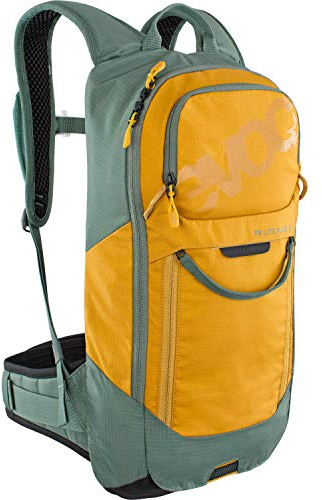 EVOC FR LITE RACE 10 Protektor-Rucksack ideal für Enduro-Rennen, Backpack (Fahrradrucksack mit LITESHIELD BACK Rückenprotektor, LITESHIELD SYSTEM AIR, Werkzeugfach, Größe: S), Olive / Lehm