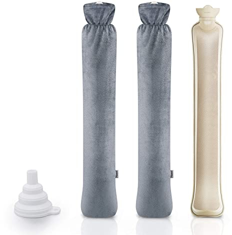 Wärmeflasche Lang, Wärmflasche mit weichem Bezug 2 Liter mit 2 Stück Super Weiche Abdeckungen, 73 x 13cm Hohe Kapazität Schlauch-Wärmflasche für Schulter, Nackenwärmflasche und Bauch